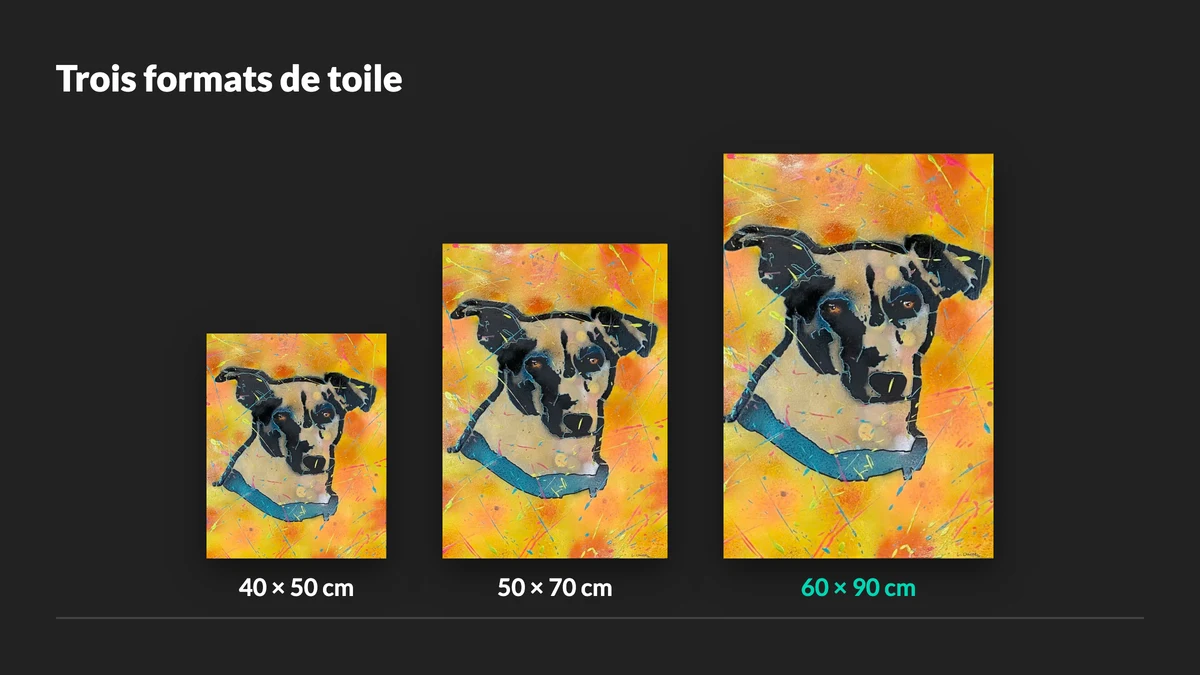 Portrait pop art d’animal : les trois formats de toile à l’échelle, 40 x 50, 50 x 70 et 60 x 90 cm
